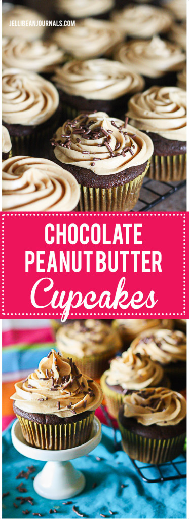 Failproof Chocolate Cupcakes with blow-your-socks-off peanut butter frosting. Wow! Must try these now. | Jellibeanjournals.com