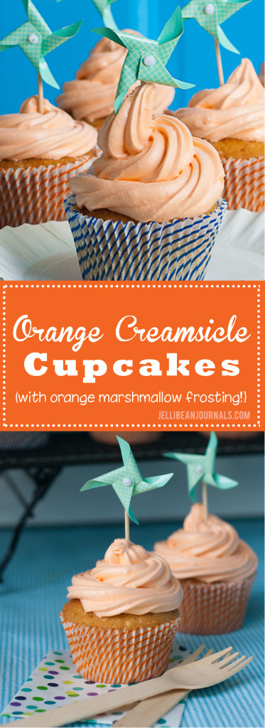 Orange creamsicle cupcakes with fluffy orange marshmallow frosting | Jellibeanjournals.com